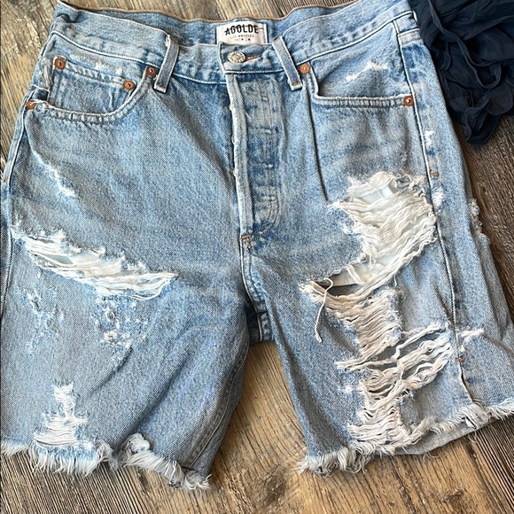 Agolde Light Blue Distressed Denim Shorts